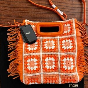 NWT Maje M Bag with Fringed Sides Crochet Orange Leather Shoulder Bag Brand-New